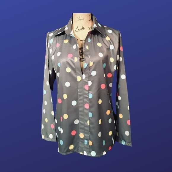 UNBRANDED Pullover Long Sleeve Blouse, GRAY/MULTI POLKA DOT, Size M, NWOT - Picture 1 of 8